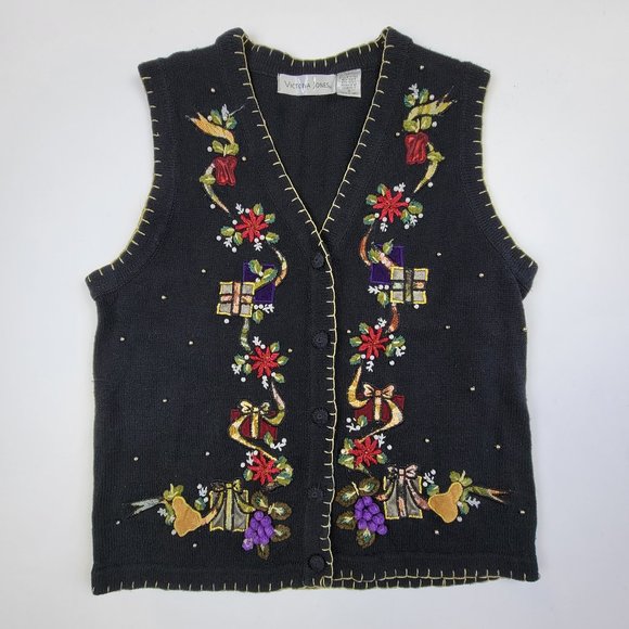 Ugly Christmas Holiday Sweater Vest Embroidered Poinsettia Presents Vintage sz S - Picture 1 of 6